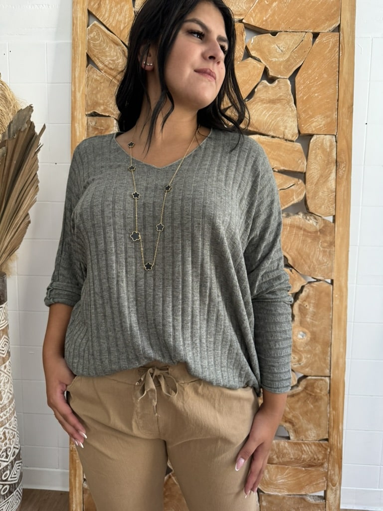 Pull fin col V taille unique Gris